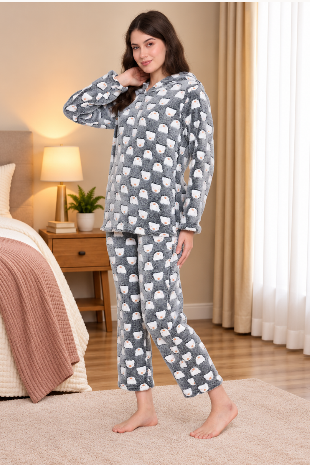 Women Winter Glow in Dark Printed Full Sleeve Hooded Top, Pajama Pants with Pockets