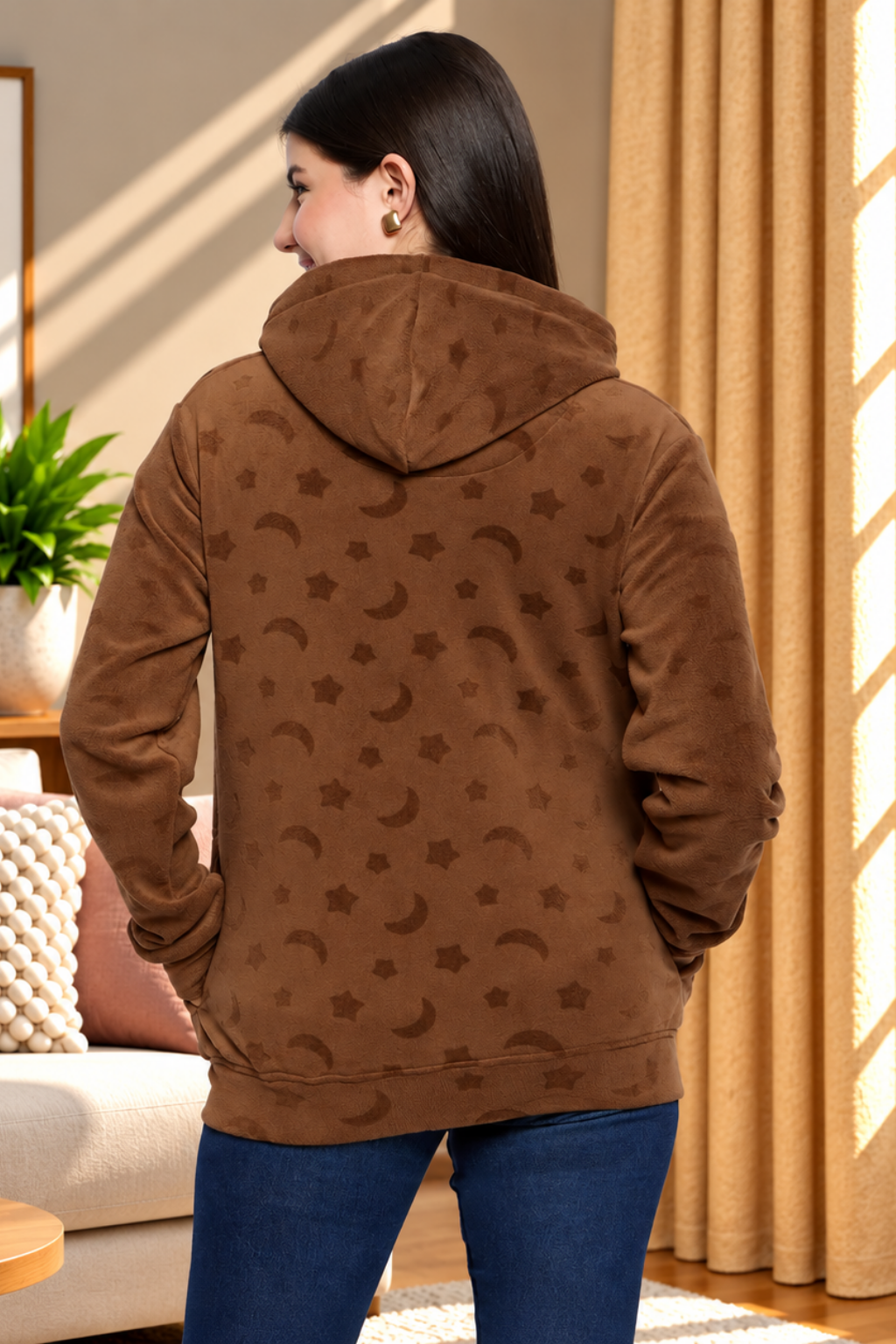 Women’s Embossed Fabric Auli Laser Cut Pattern Hoodie Sweatshirt – Full Sleeve, Zipper Front