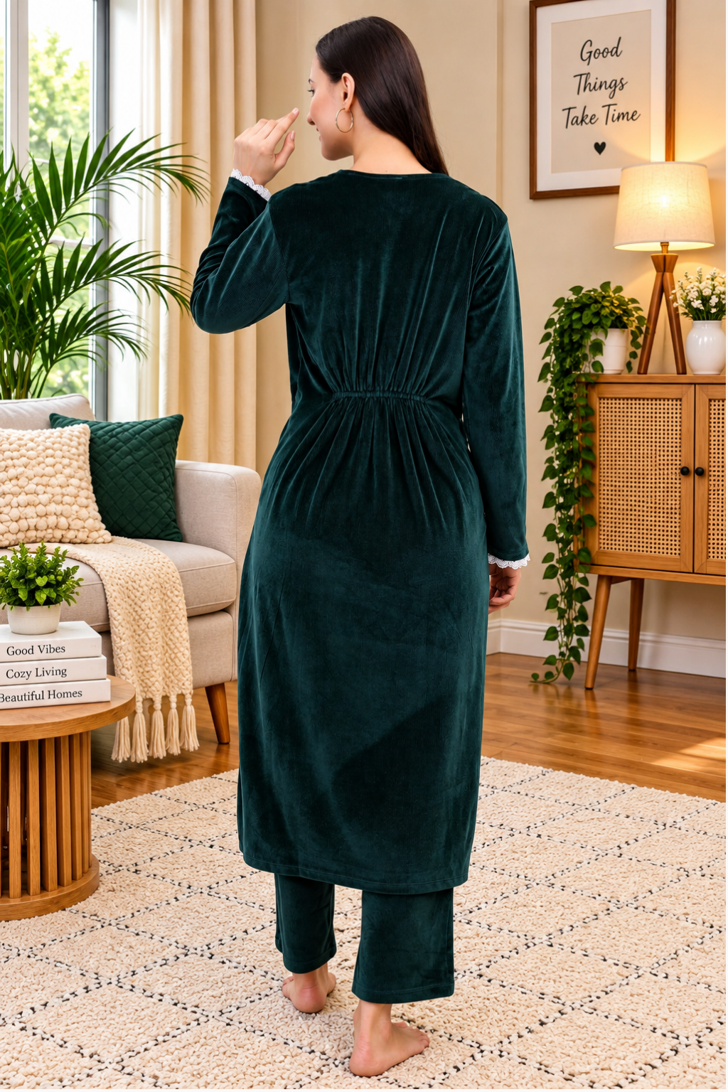 Women's Velvet Winter Corduroy Kurti Set, V-Neck, Long Sleeves (Green)