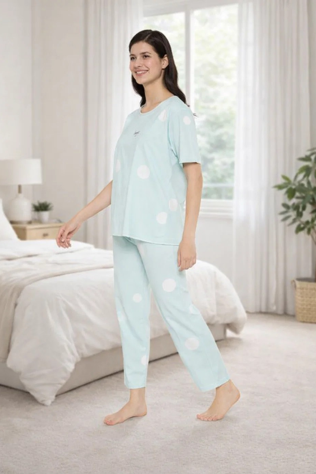 Women's Sleepwear Set, Cotton Pyjama with Short Sleeve T-Shirt,Loungewear