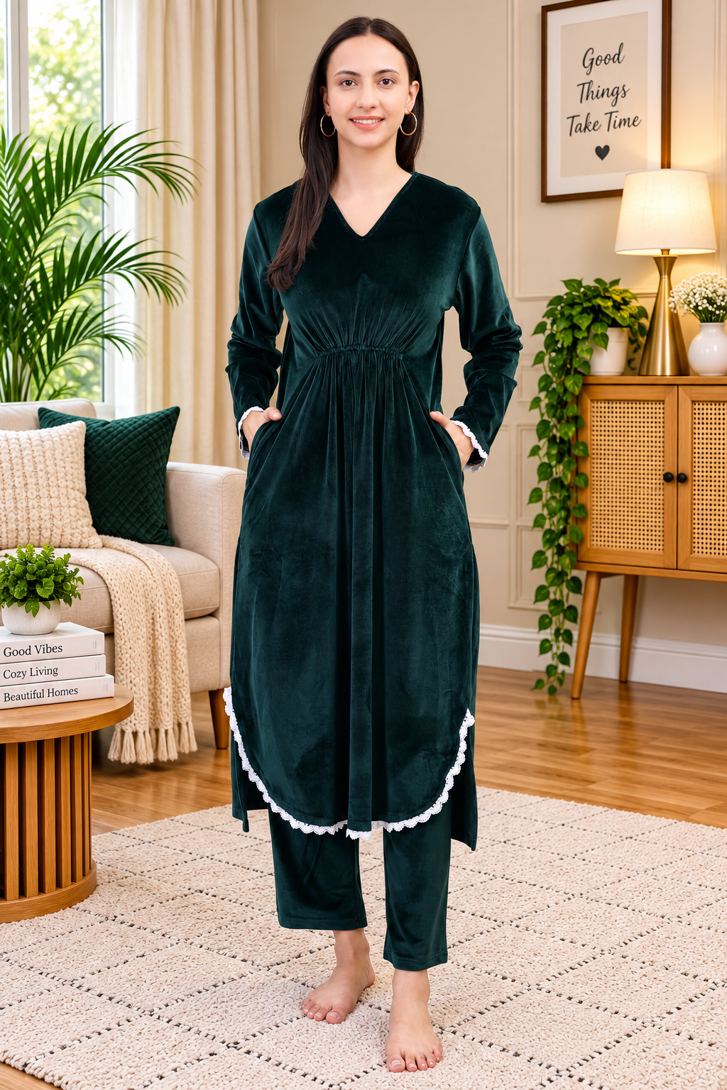 Women's Velvet Winter Corduroy Kurti Set, V-Neck, Long Sleeves (Green)