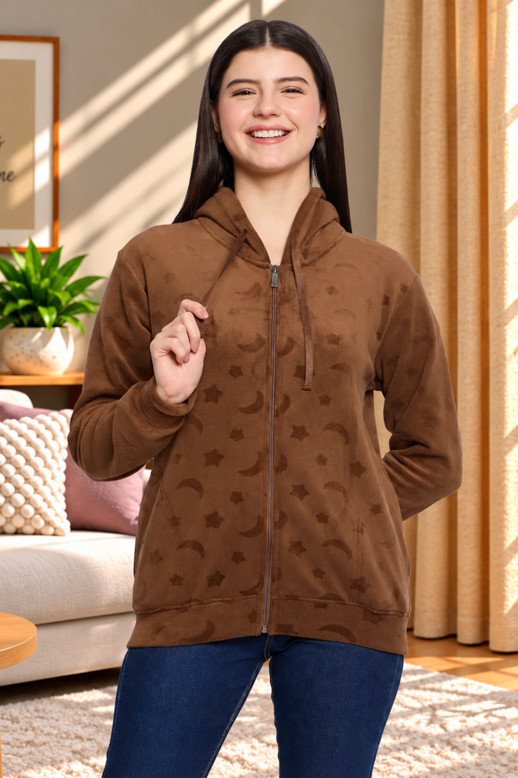 Women’s Embossed Fabric Auli Laser Cut Pattern Hoodie Sweatshirt – Full Sleeve, Zipper Front
