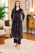 Women's Velvet Winter Corduroy Kurti Set, V-Neck, Long Sleeves (Black)