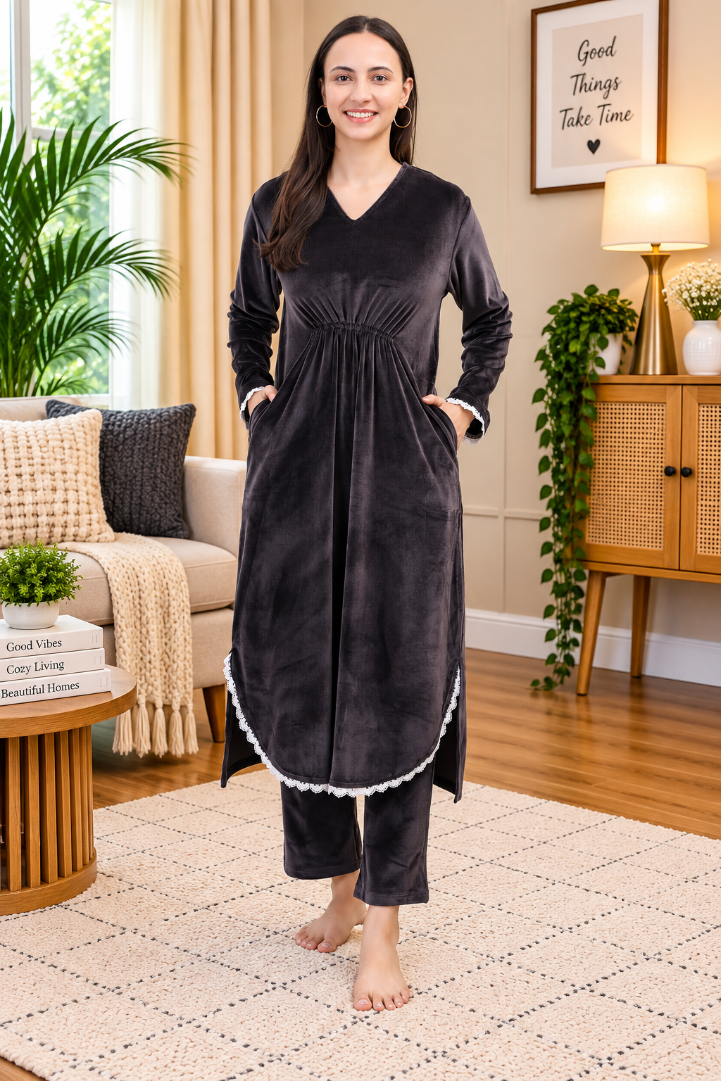 Women's Velvet Winter Corduroy Kurti Set, V-Neck, Long Sleeves (Black)