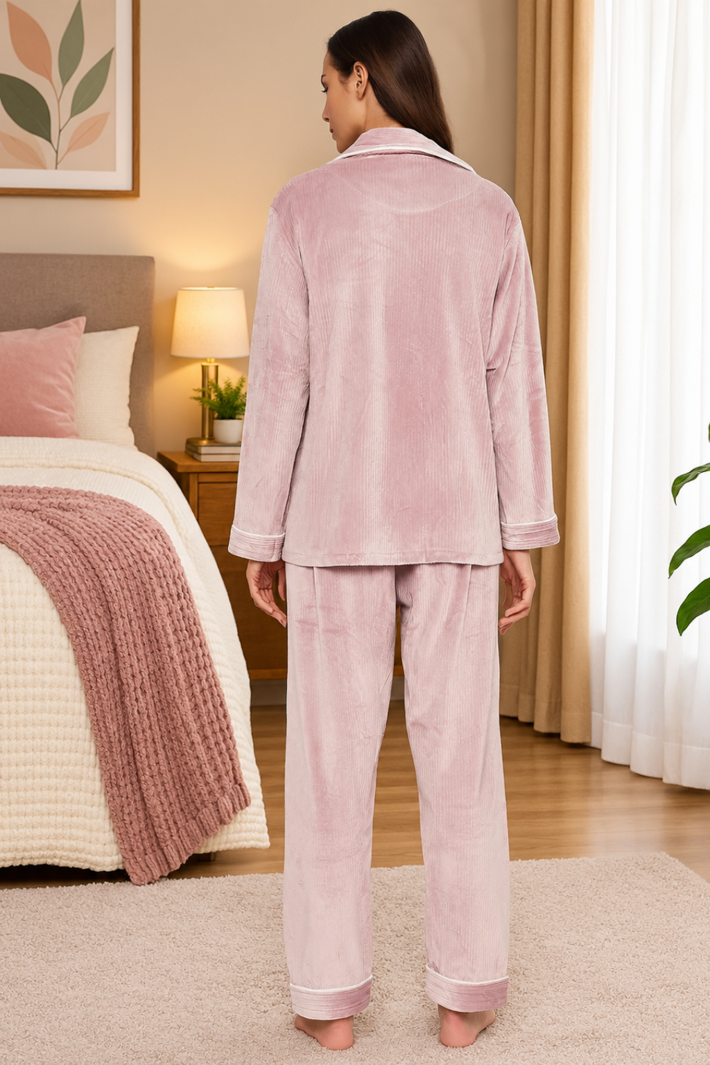 Women Winter Velvet Full Sleeve Shirt and Pajama Pants Regular Fit Night Suit Shirt collar Top and Pyjama Set Ladies Night Dress