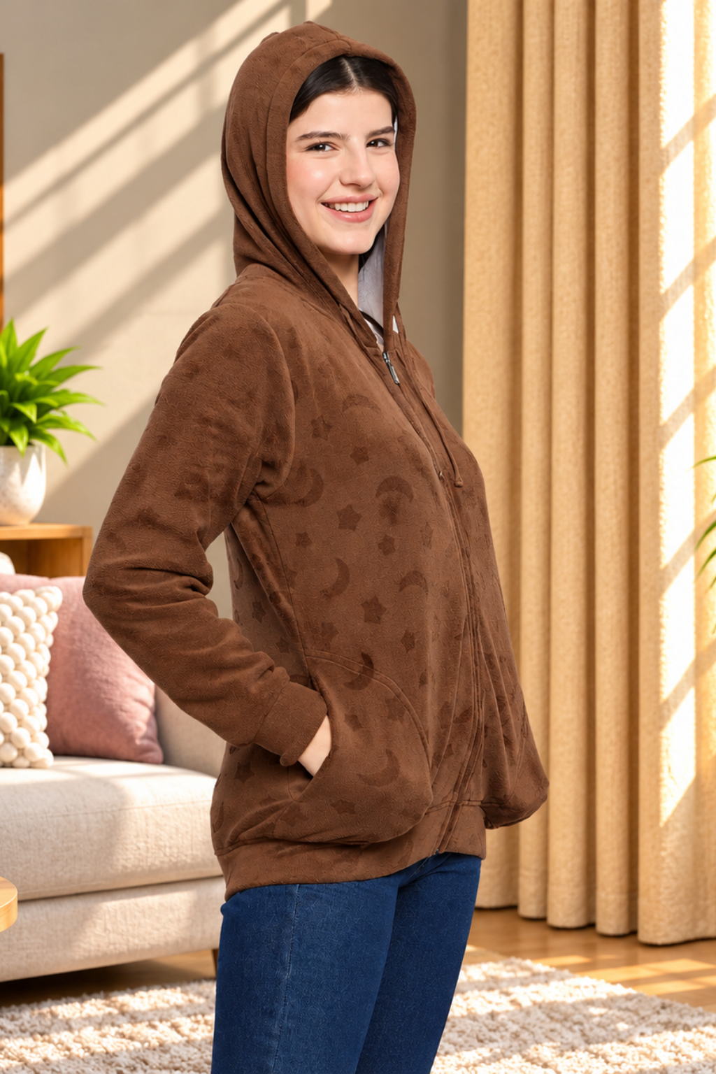 Women’s Embossed Fabric Auli Laser Cut Pattern Hoodie Sweatshirt – Full Sleeve, Zipper Front
