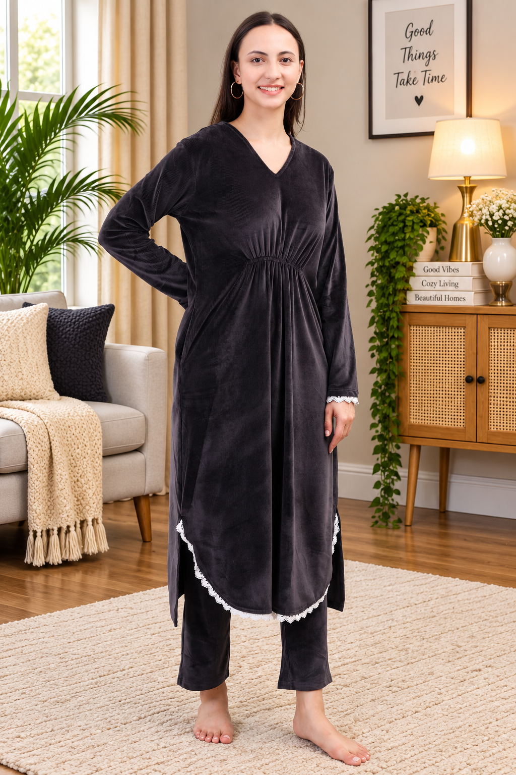 Women's Velvet Winter Corduroy Kurti Set, V-Neck, Long Sleeves (Black)