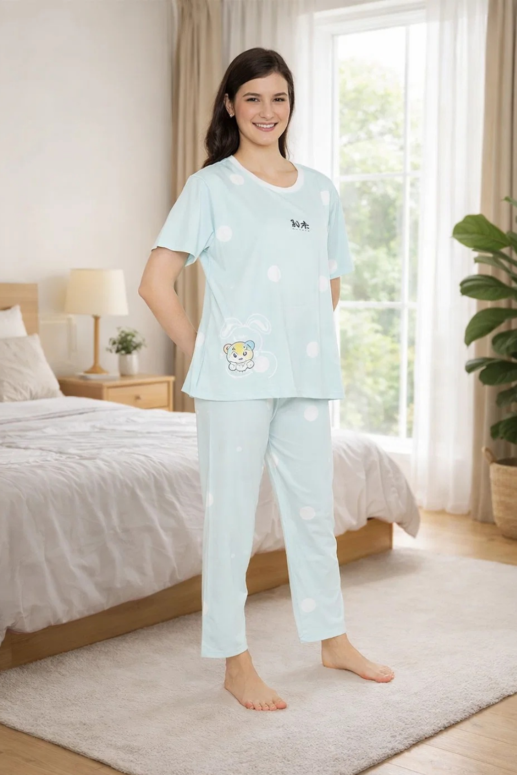 Women's Sleepwear Set, Cotton Pyjama with Short Sleeve T-Shirt,Loungewear