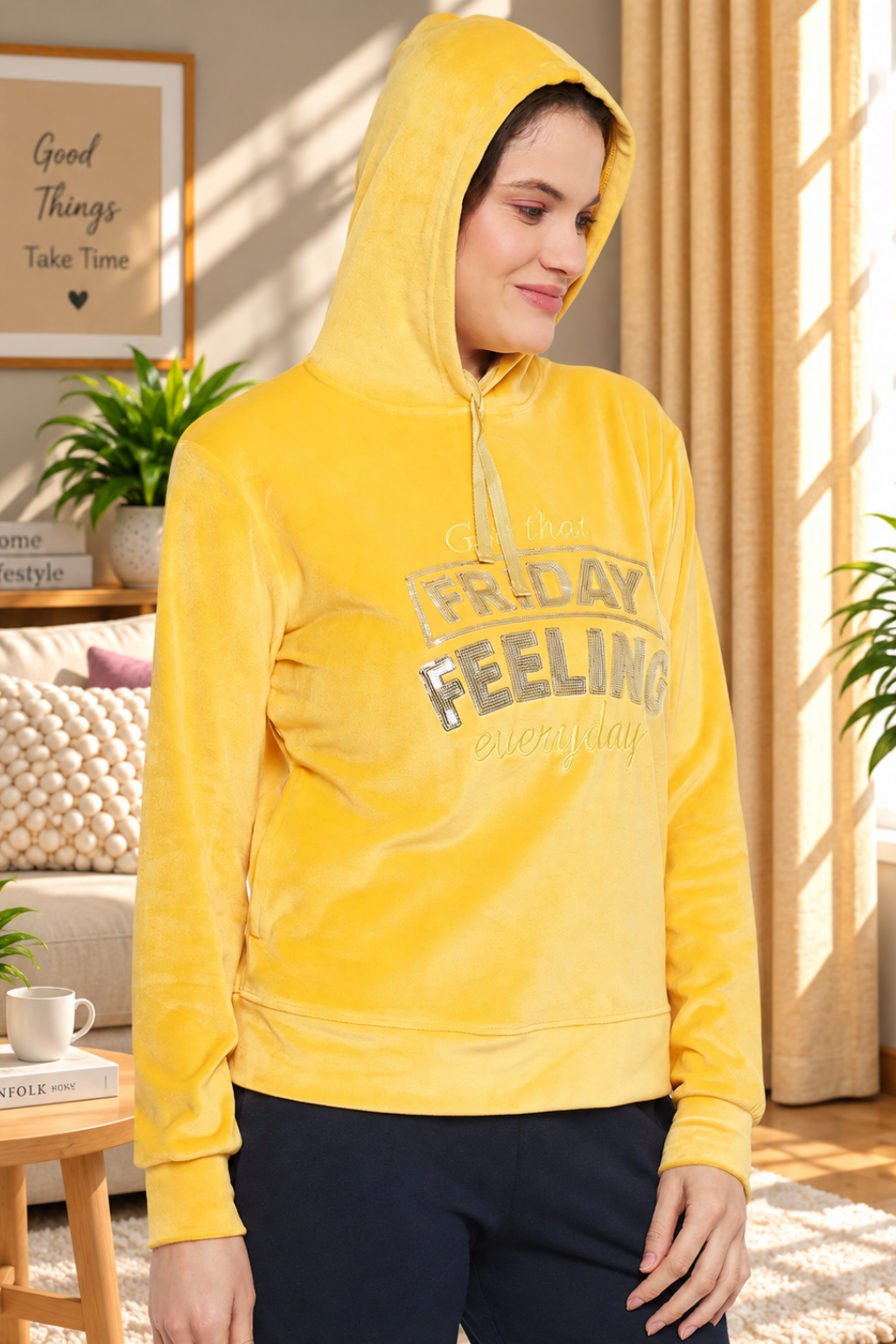Women Solid Hooded Velvet Embroidered Winter Sweatshirt with 2 pockets
