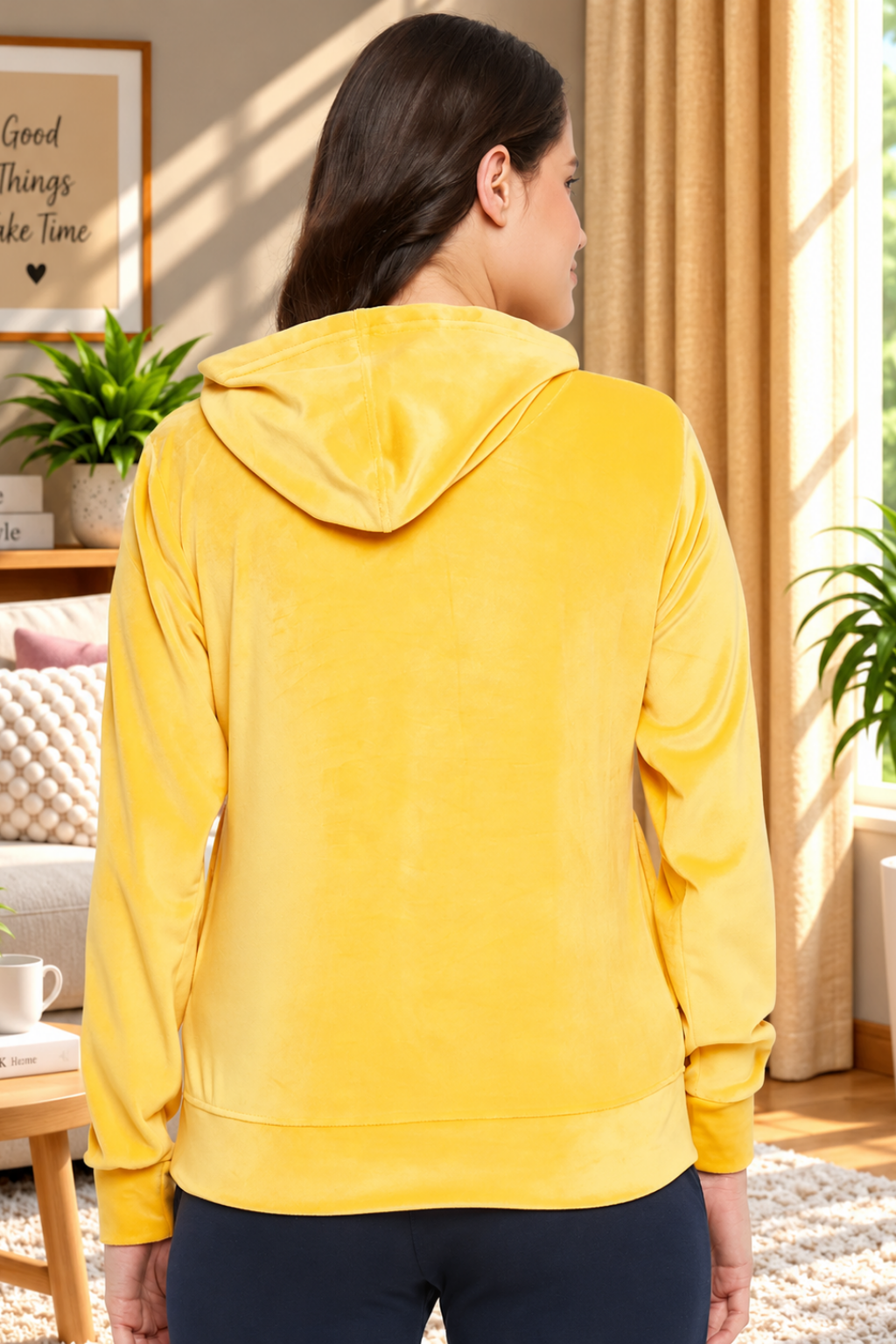 Women Solid Hooded Velvet Embroidered Winter Sweatshirt with 2 pockets