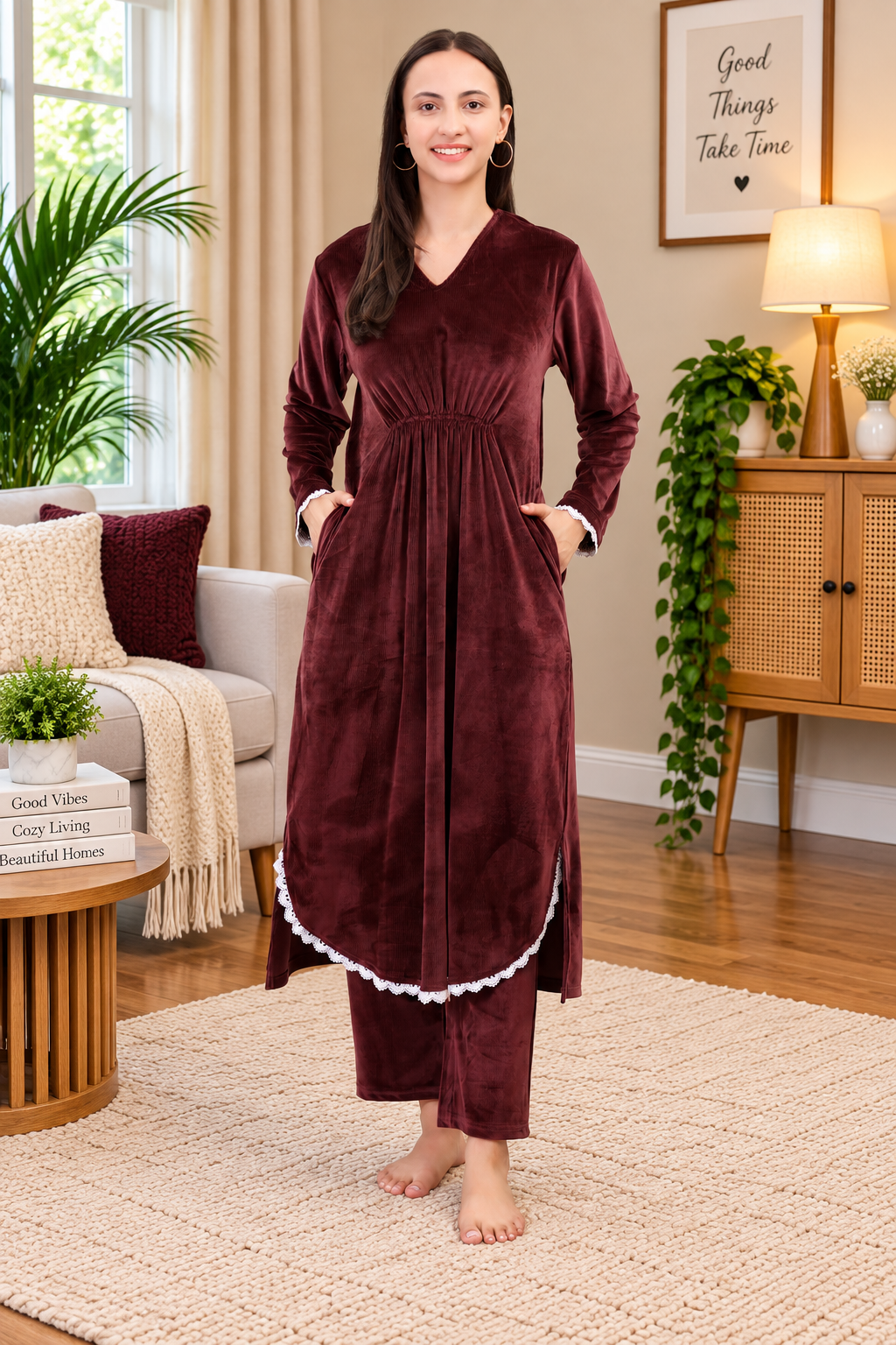 Women's Velvet Winter Corduroy Kurti Set, V-Neck, Long Sleeves (Brown)