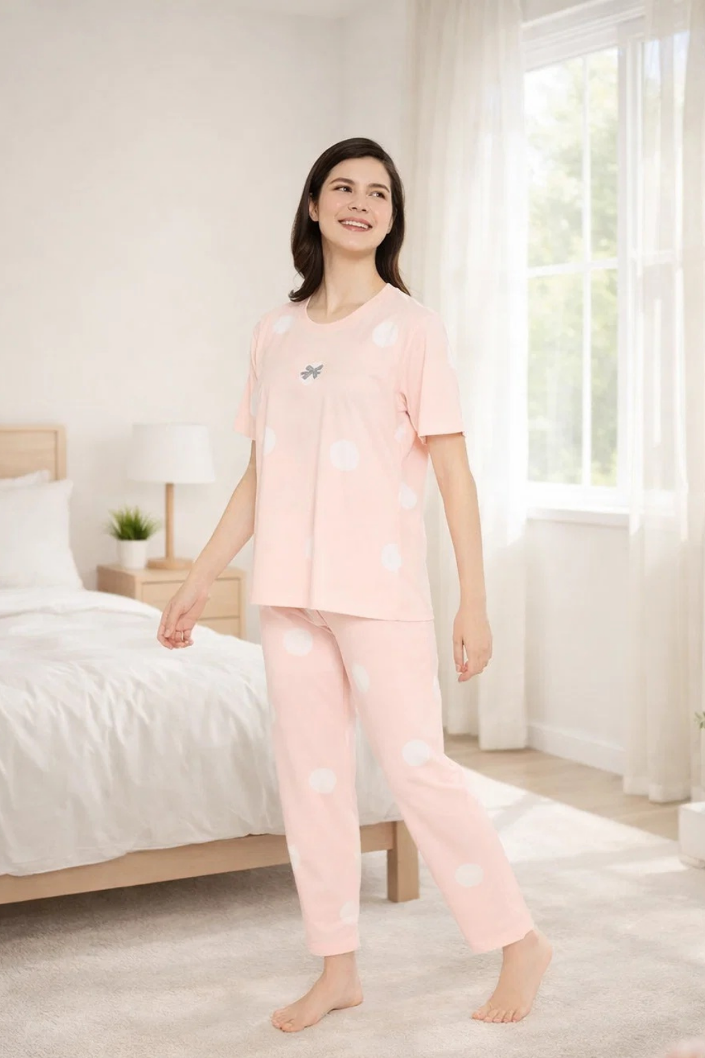 Women's Sleepwear Set, Cotton Pyjama with Short Sleeve T-Shirt,Loungewear