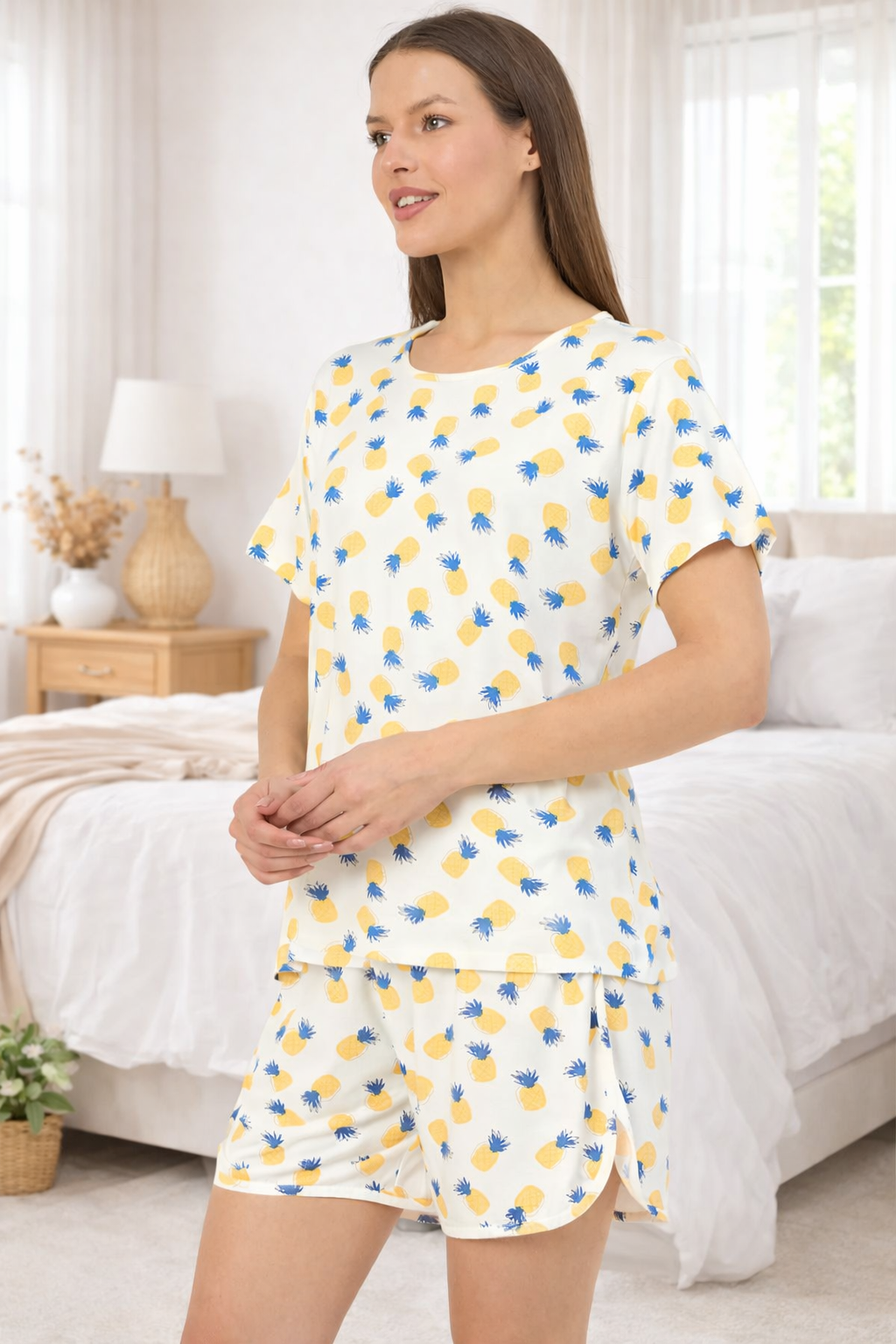 Camey Stylish Shorts Set – Summer Essentials for Women | Women's Printed Loungewear Set, White Yellow