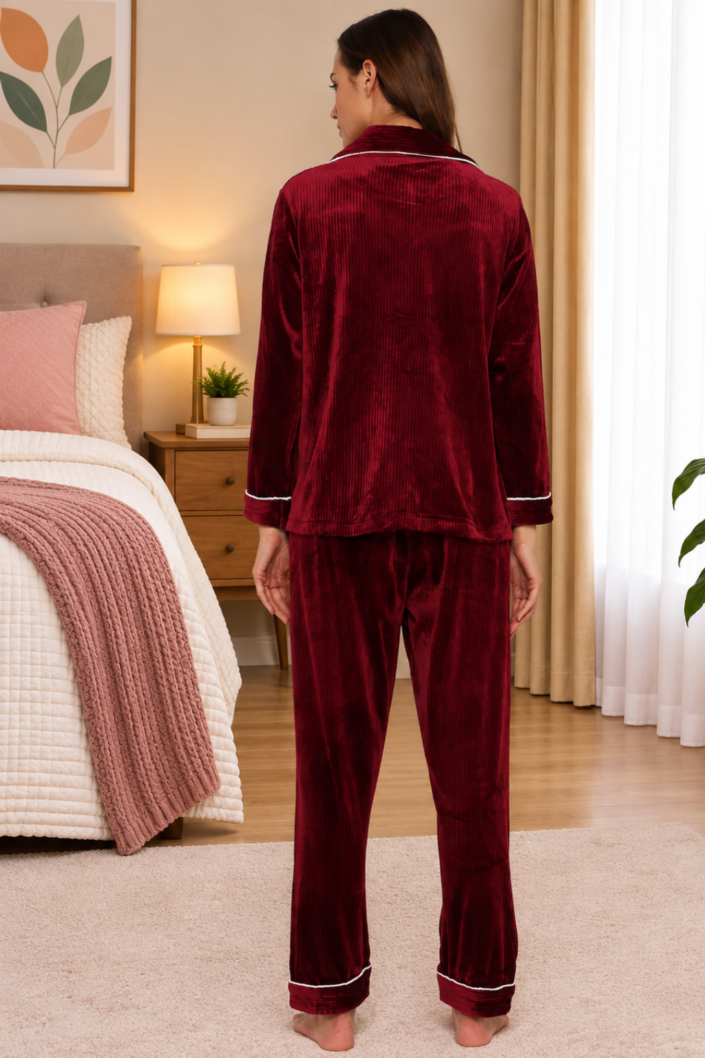 Women Winter Velvet Full Sleeve Shirt and Pajama Pants Regular Fit Night Suit Shirt collar Top and Pyjama Set Ladies Night Dress