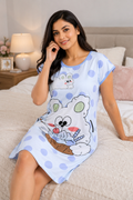 Women's Cute Cartoon Printed Knee Length Nighty | Soft Comfortable Loose Fit Short Sleeve Nighty for Women