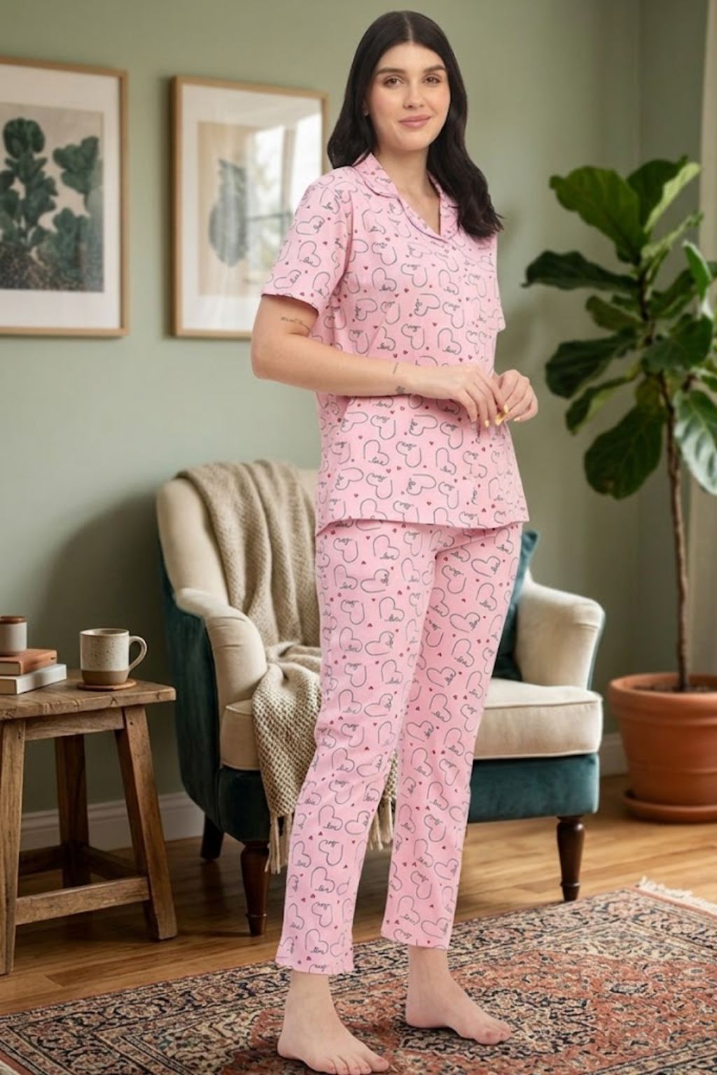 Women's Printed Nightsuit Pajama Set, Short Sleeve Button-Down Top with Pants, Cotton Nightwear, D.Pink