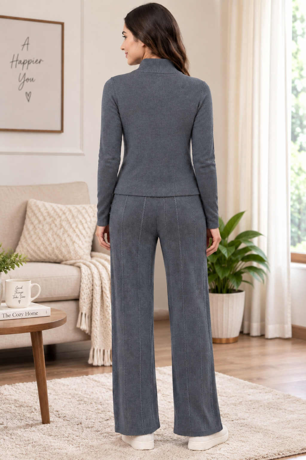 Camey Women Woolen Lounge Wear Set | Full Sleeve with Wide Leg Pants | Soft Warm Winter Co-Ord Set