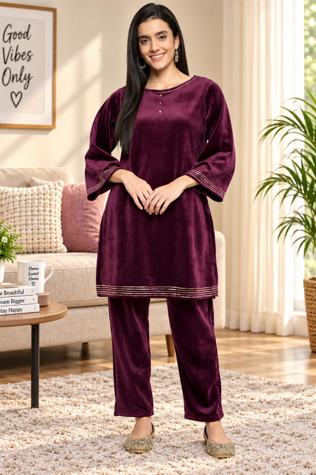 Women's Velvet Winter Kurti Set, Long Sleeves|Winter Velvet Kurti & Pajama Set