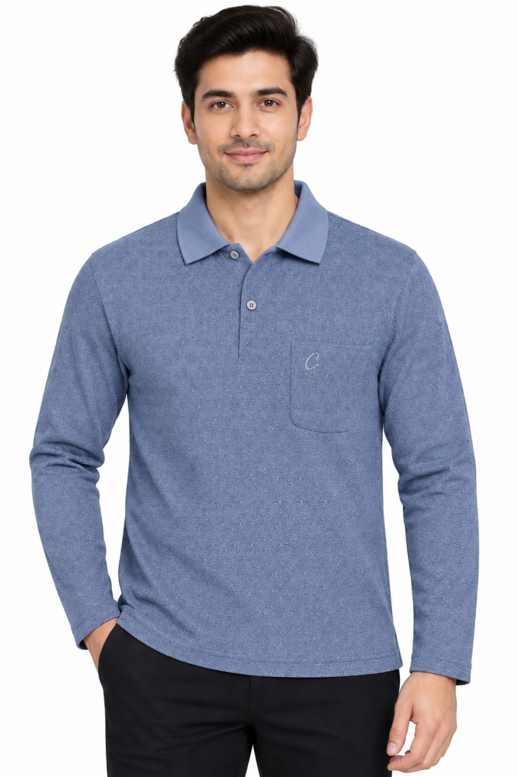 Men's Printed Full Sleeve T-Shirt For Men Polo Neck With Chest Pocket