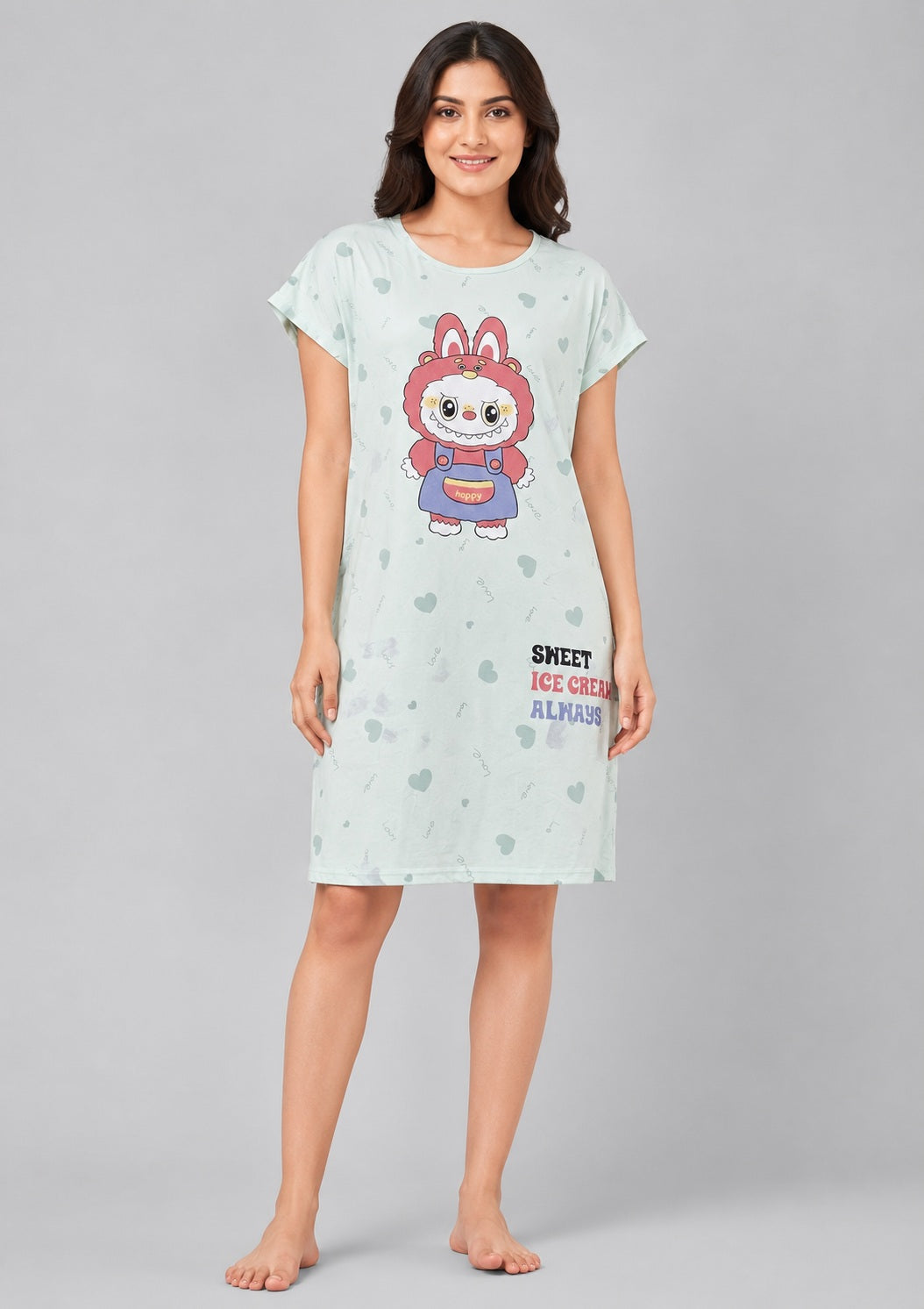 Women's Cute Cartoon Printed Knee Length Nighty | Soft Comfortable Loose Fit Short Sleeve Nighty for Women