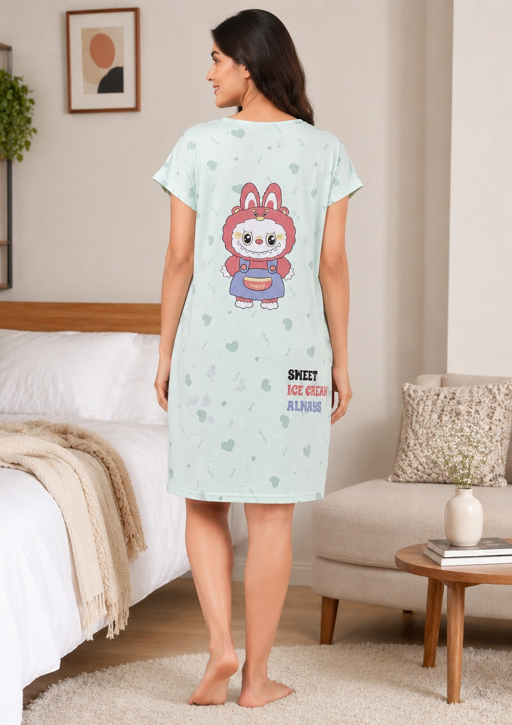 Women's Cute Cartoon Printed Knee Length Nighty | Soft Comfortable Loose Fit Short Sleeve Nighty for Women