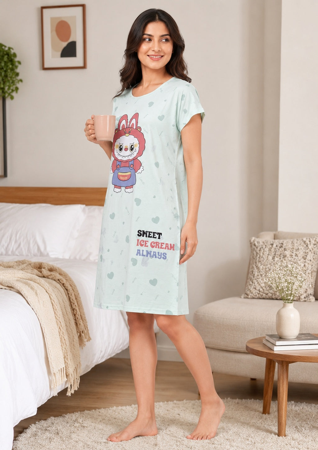 Women's Cute Cartoon Printed Knee Length Nighty | Soft Comfortable Loose Fit Short Sleeve Nighty for Women