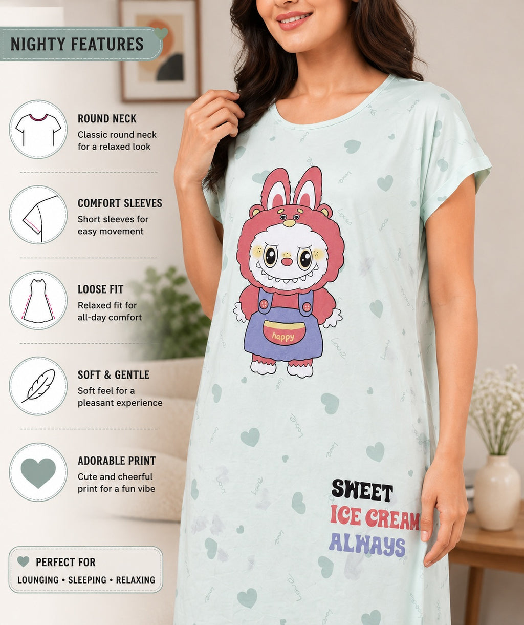 Women's Cute Cartoon Printed Knee Length Nighty | Soft Comfortable Loose Fit Short Sleeve Nighty for Women