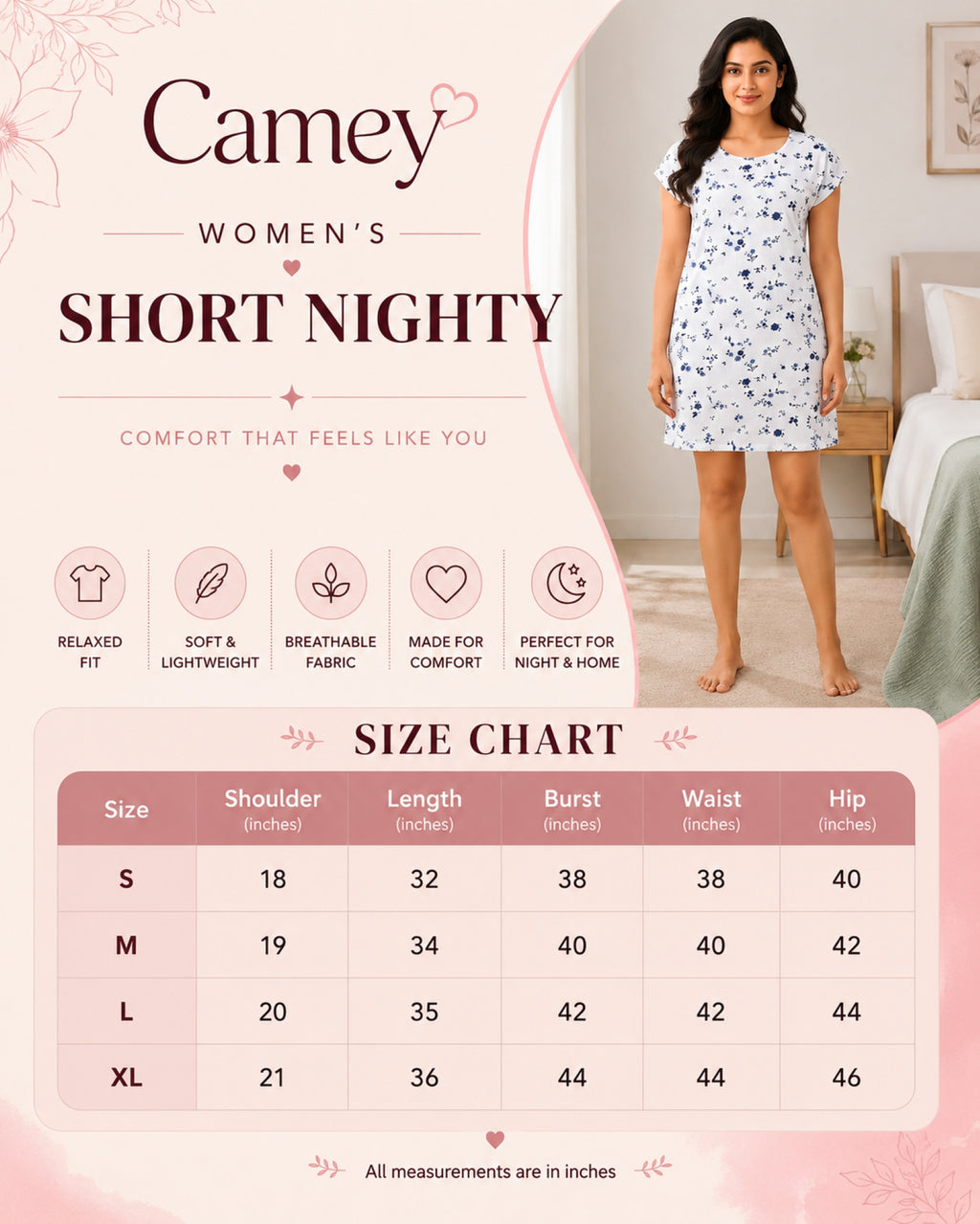 Women’s Knee Length Nighty | Soft Comfortable Sleepwear | Cap Sleeve Short Night Dress