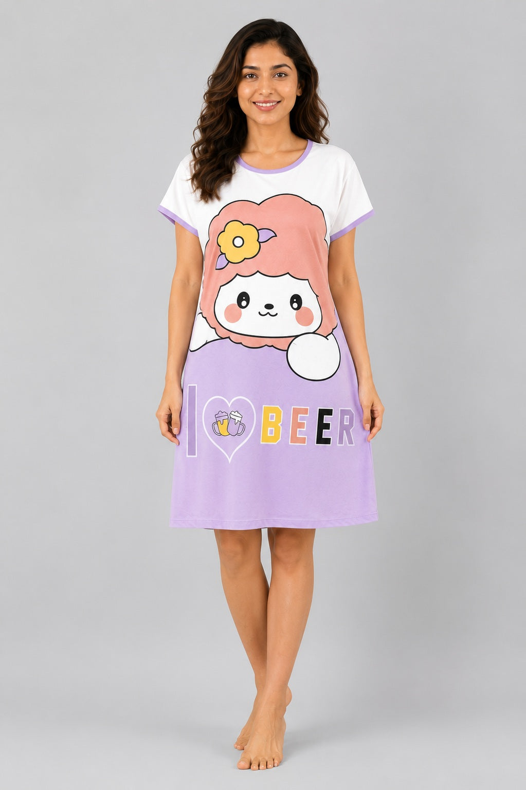 Women's Cute Cartoon Printed Knee Length Nighty | Soft Comfortable Loose Fit Short Sleeve Nighty for Women