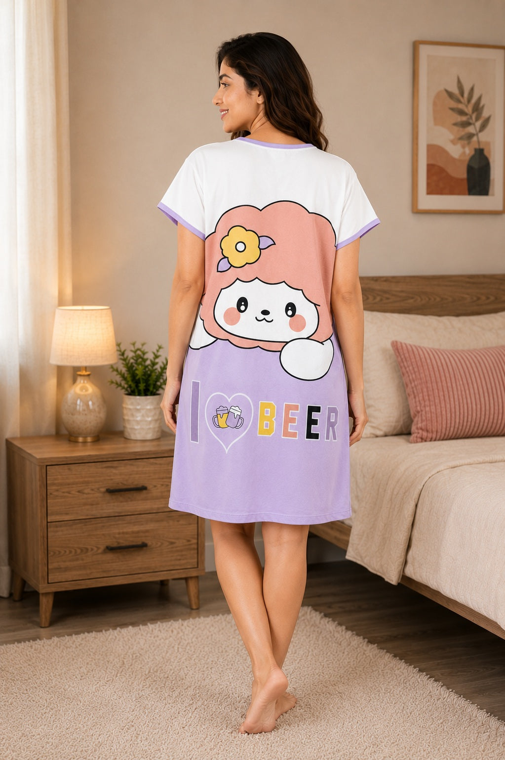 Women's Cute Cartoon Printed Knee Length Nighty | Soft Comfortable Loose Fit Short Sleeve Nighty for Women