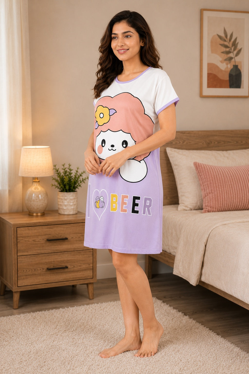 Women's Cute Cartoon Printed Knee Length Nighty | Soft Comfortable Loose Fit Short Sleeve Nighty for Women