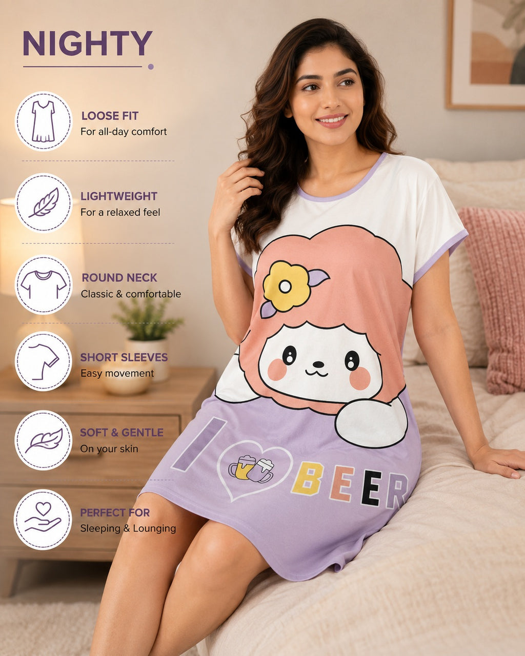 Women's Cute Cartoon Printed Knee Length Nighty | Soft Comfortable Loose Fit Short Sleeve Nighty for Women