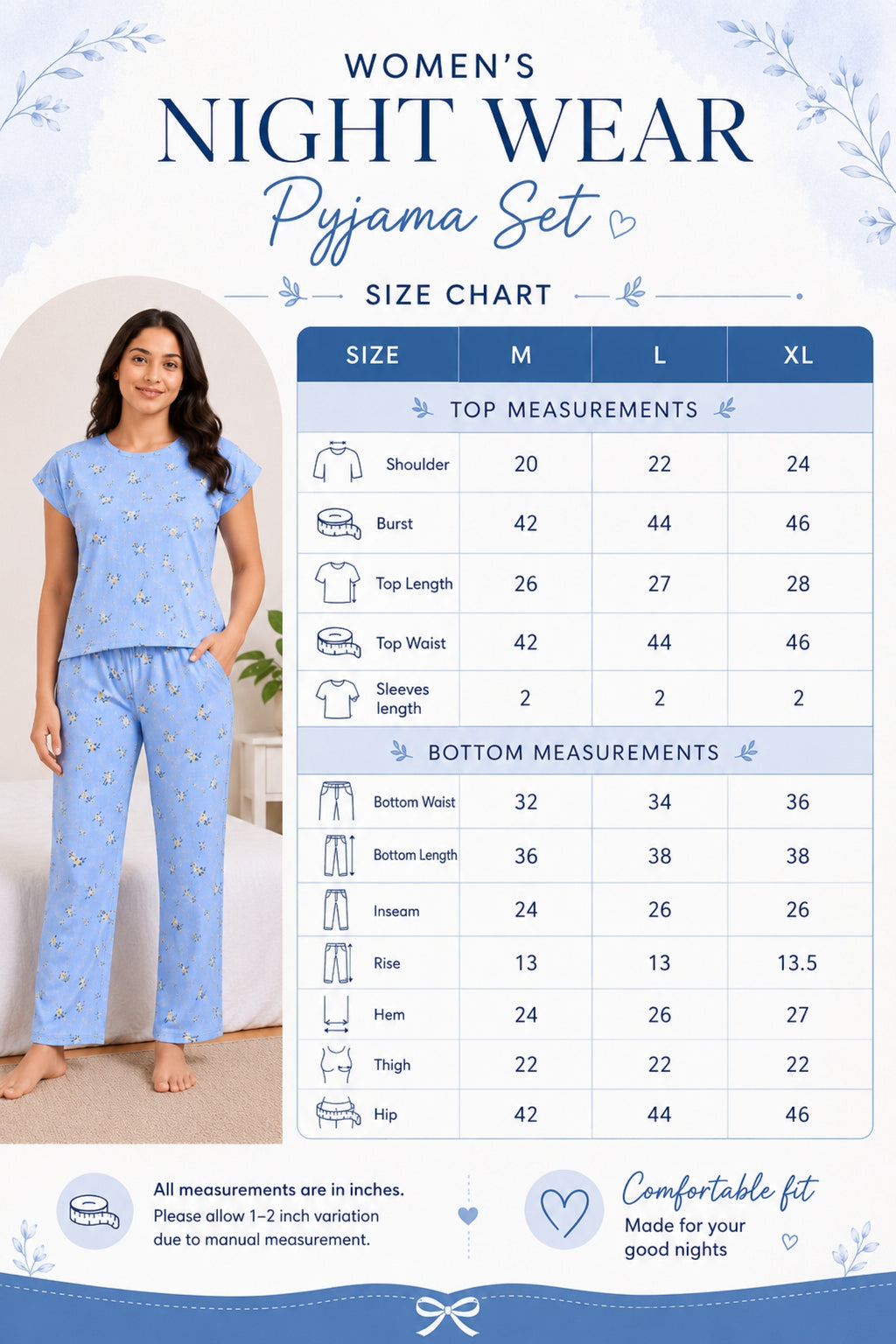 Women Night Suit Set | Soft & Breathable Sleepwear for Women | Half Sleeve Top with Full Length Pyjama