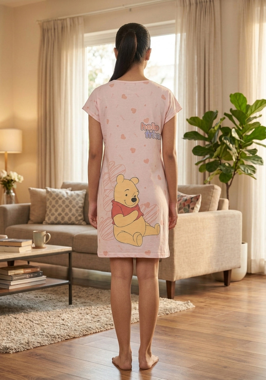 Women's Cute Cartoon Printed Knee Length Nighty | Soft Comfortable Loose Fit Short Sleeve Nighty for Women