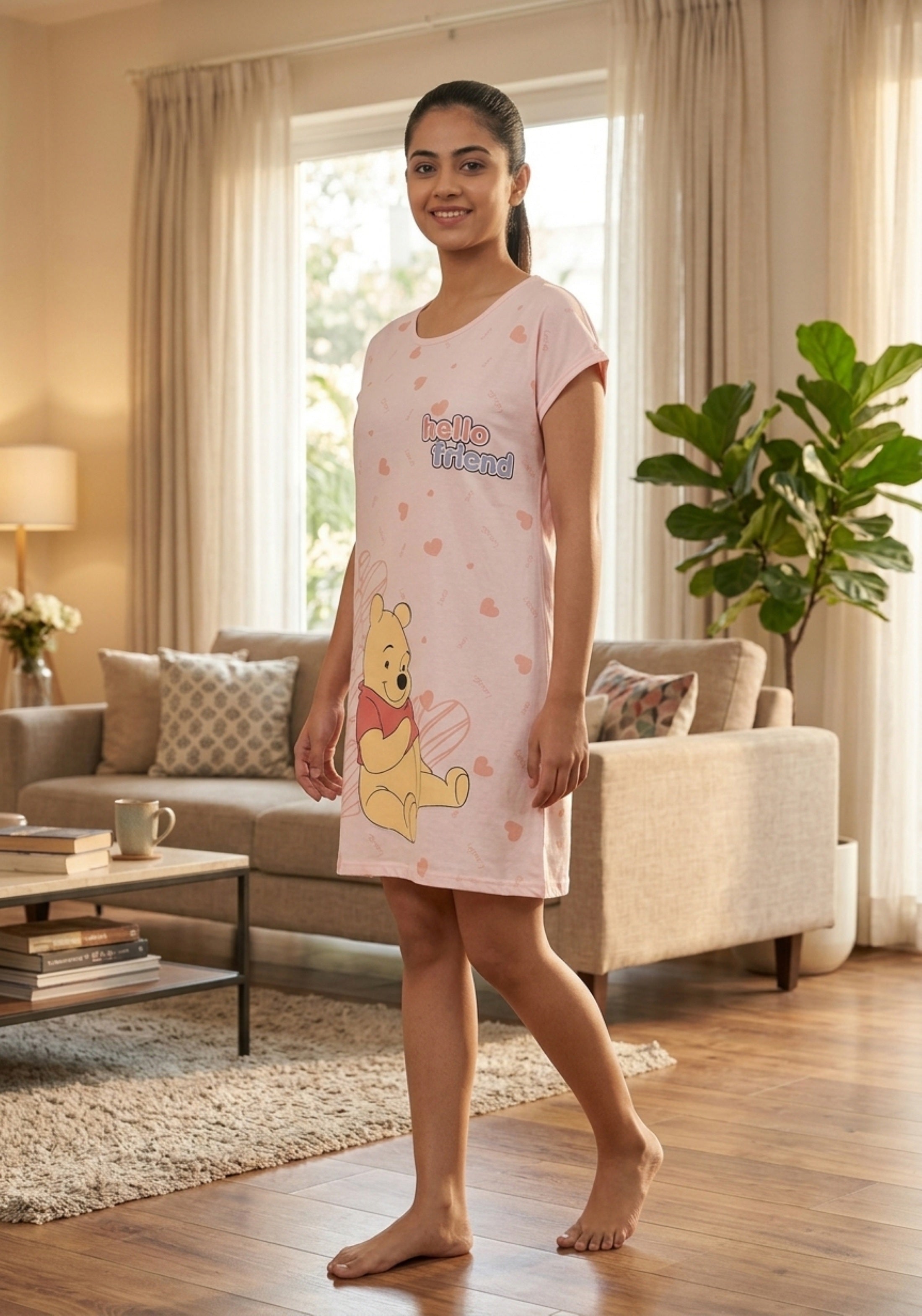 Women's Cute Cartoon Printed Knee Length Nighty | Soft Comfortable Loose Fit Short Sleeve Nighty for Women
