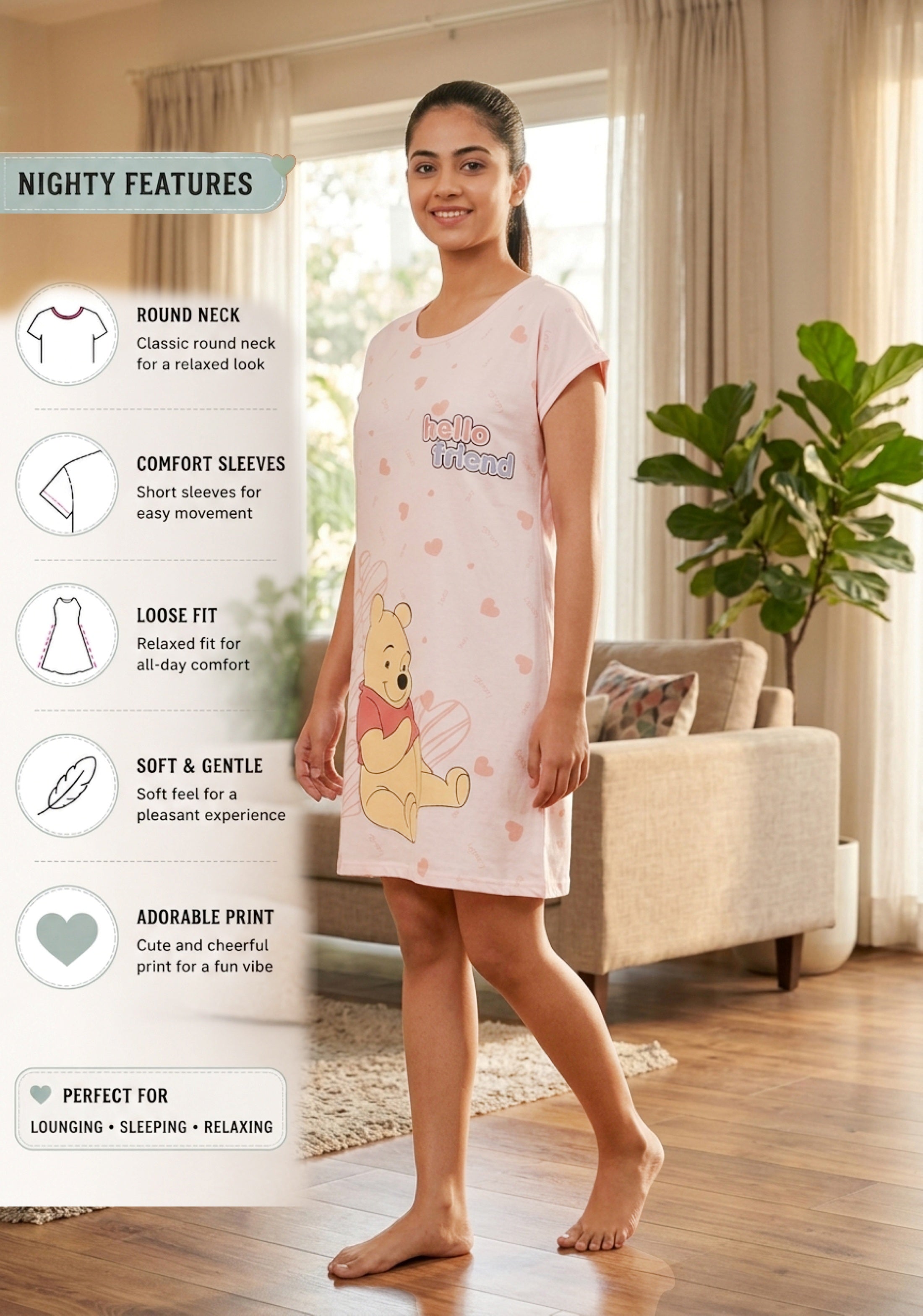 Women's Cute Cartoon Printed Knee Length Nighty | Soft Comfortable Loose Fit Short Sleeve Nighty for Women
