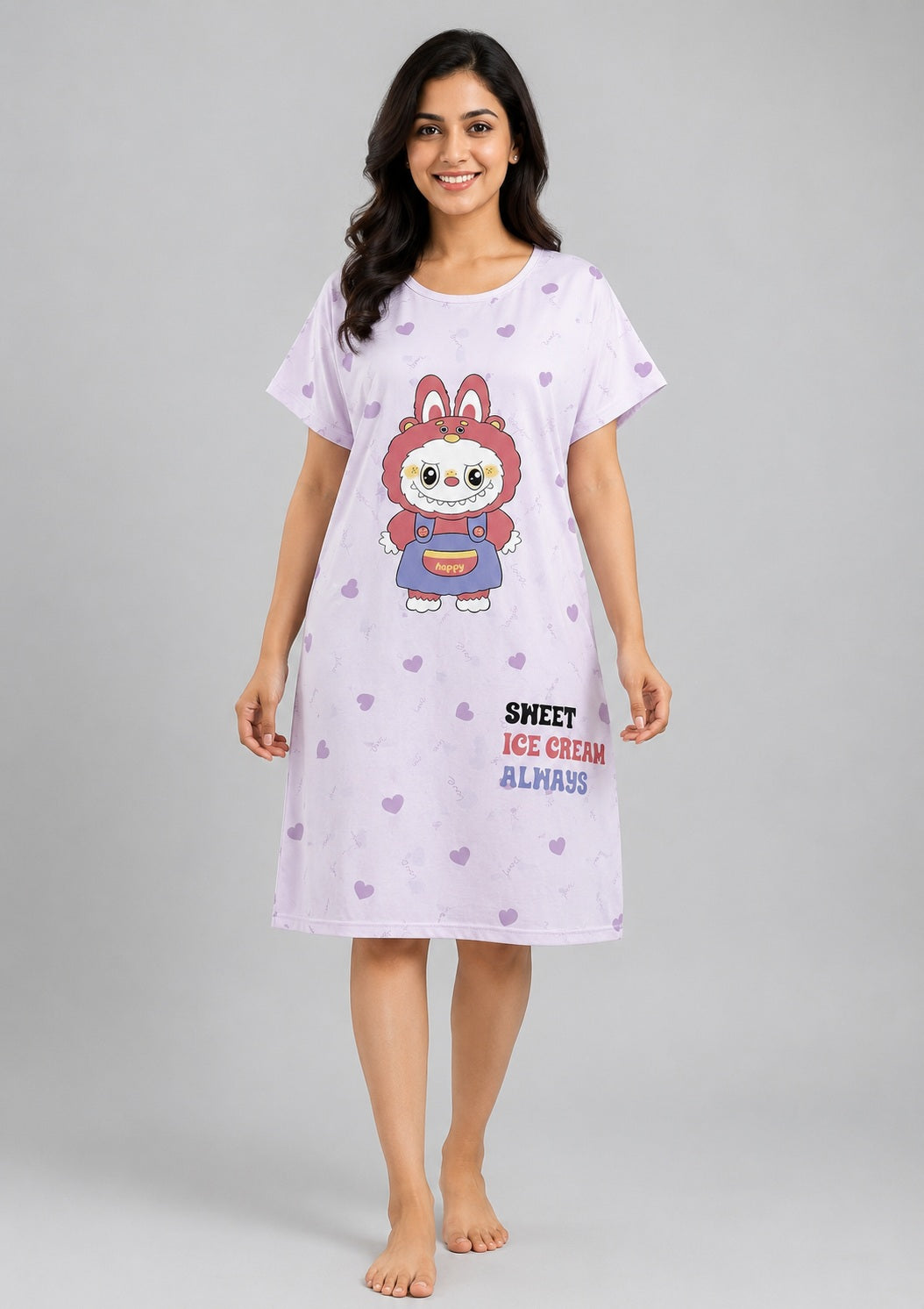Women's Cute Cartoon Printed Knee Length Nighty | Soft Comfortable Loose Fit Short Sleeve Nighty for Women