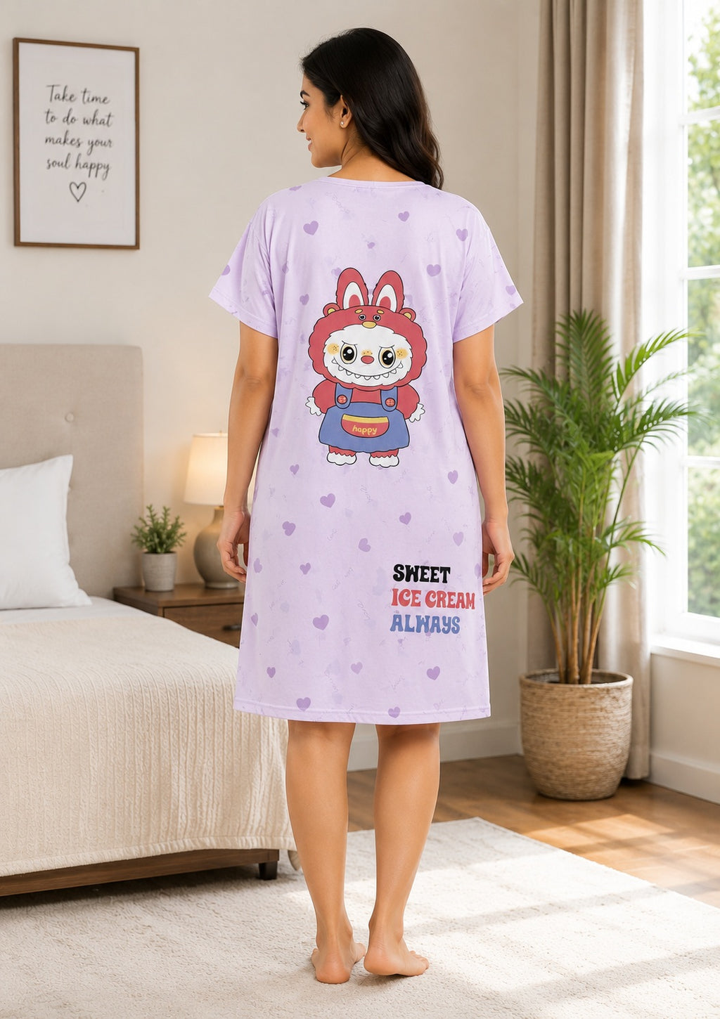 Women's Cute Cartoon Printed Knee Length Nighty | Soft Comfortable Loose Fit Short Sleeve Nighty for Women