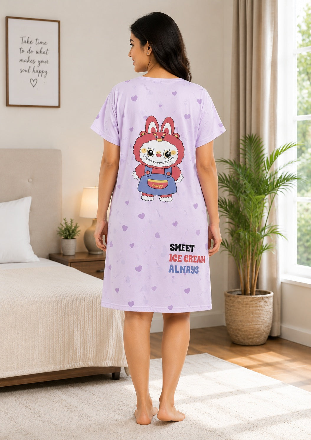 Women's Cute Cartoon Printed Knee Length Nighty | Soft Comfortable Loose Fit Short Sleeve Nighty for Women