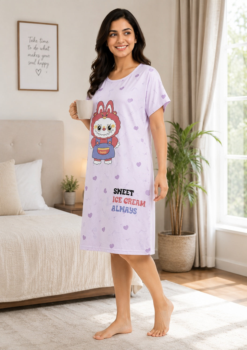 Women's Cute Cartoon Printed Knee Length Nighty | Soft Comfortable Loose Fit Short Sleeve Nighty for Women