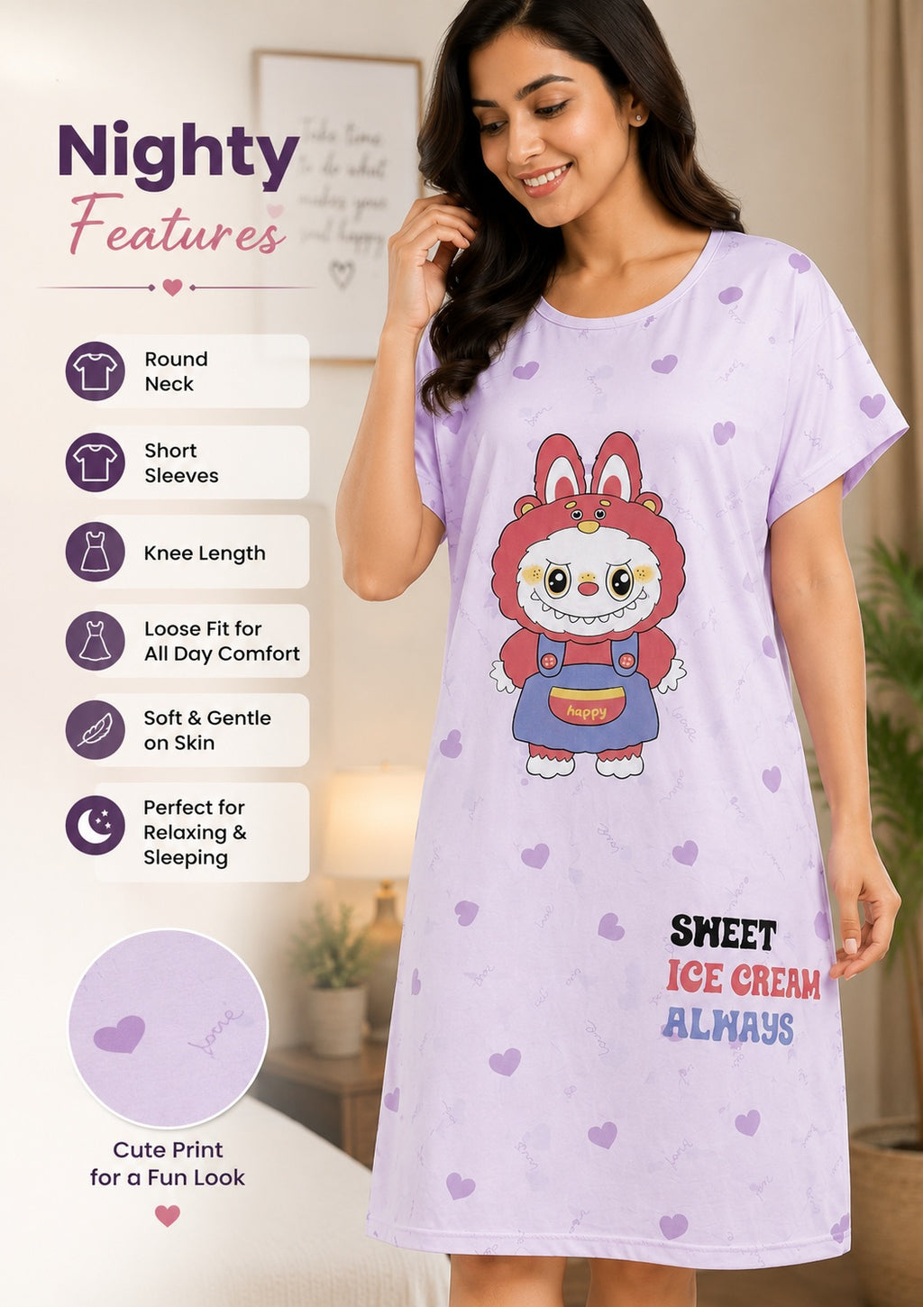 Women's Cute Cartoon Printed Knee Length Nighty | Soft Comfortable Loose Fit Short Sleeve Nighty for Women