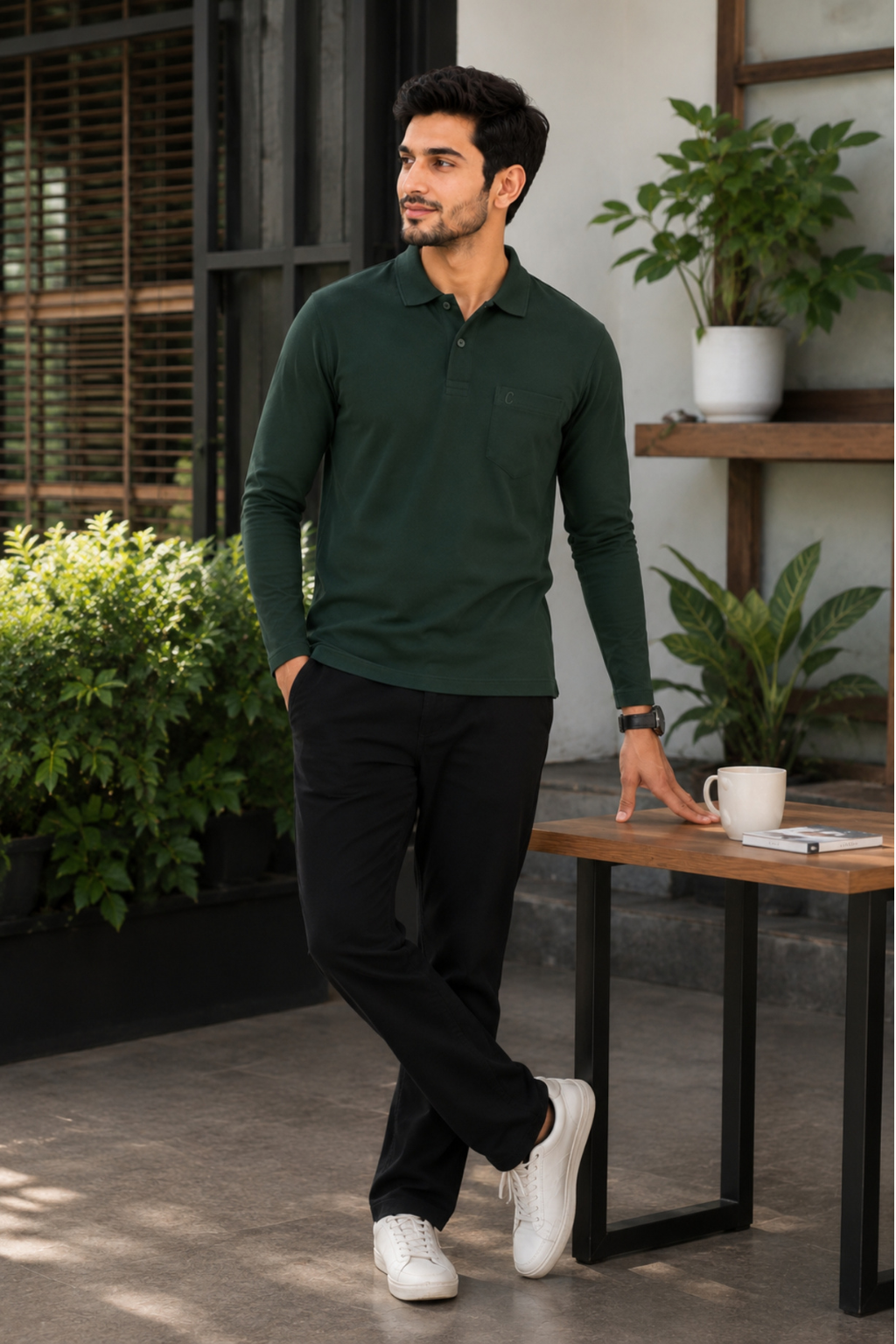 Camey Men's Plain Solid Long Sleeve Polo T-Shirt for men | Collared Casual Cotton Blend Tee with Chest Pocket