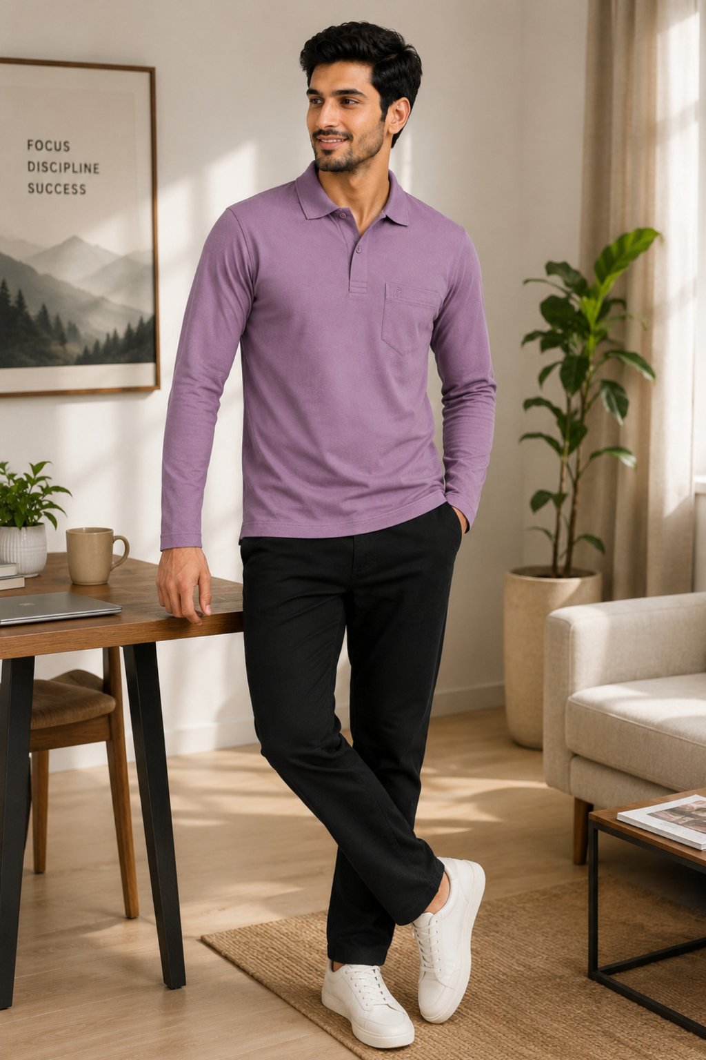 Camey Men's Plain Solid Long Sleeve Polo T-Shirt for men | Collared Casual Cotton Blend Tee with Chest Pocket