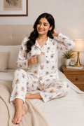 Women Night Suit Cotton Muslin Pyjama Set | Soft Printed Full Sleeve Sleepwear