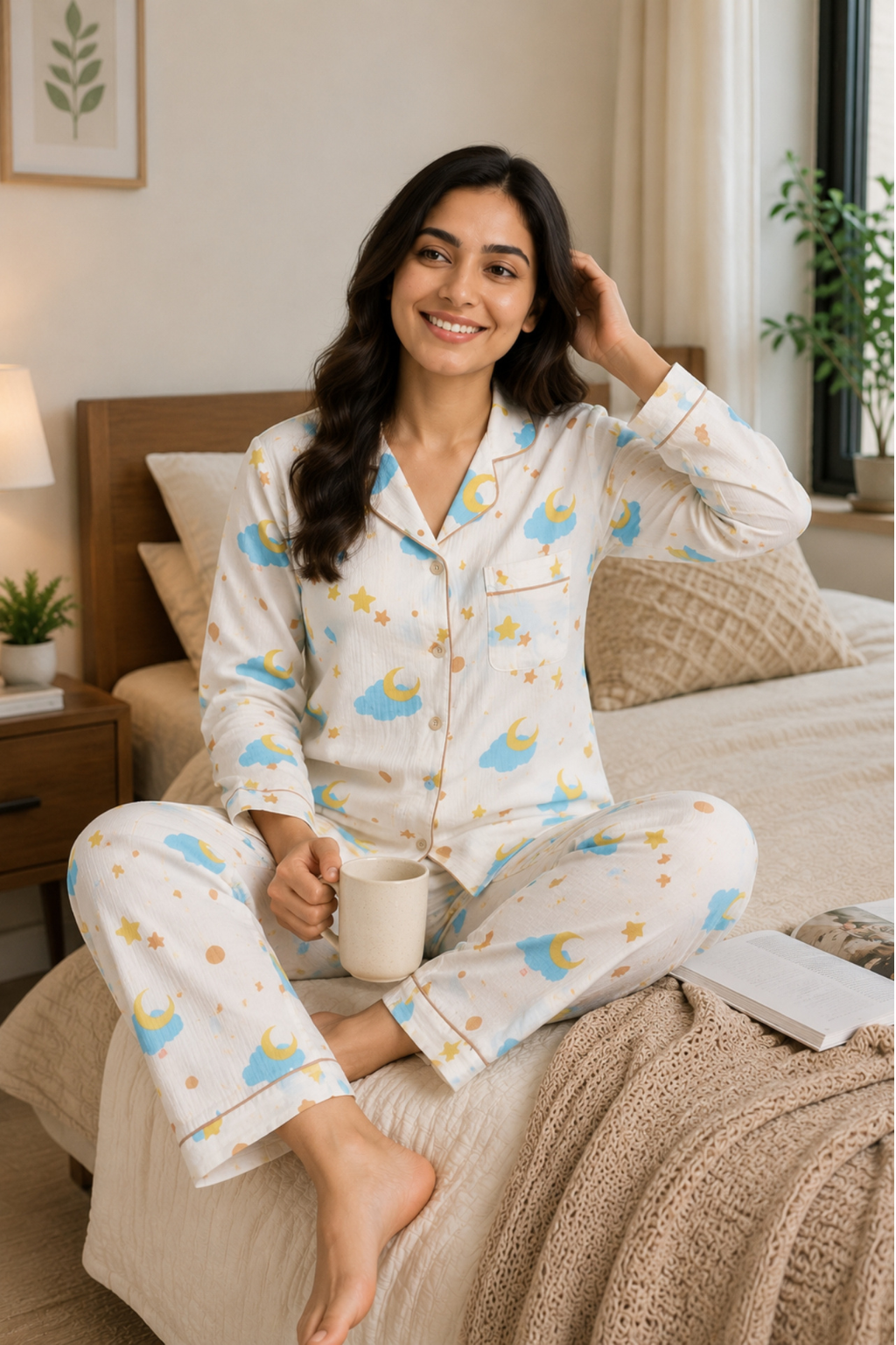 Women Night Suit Cotton Muslin Pyjama Set | Soft Printed Full Sleeve Sleepwear