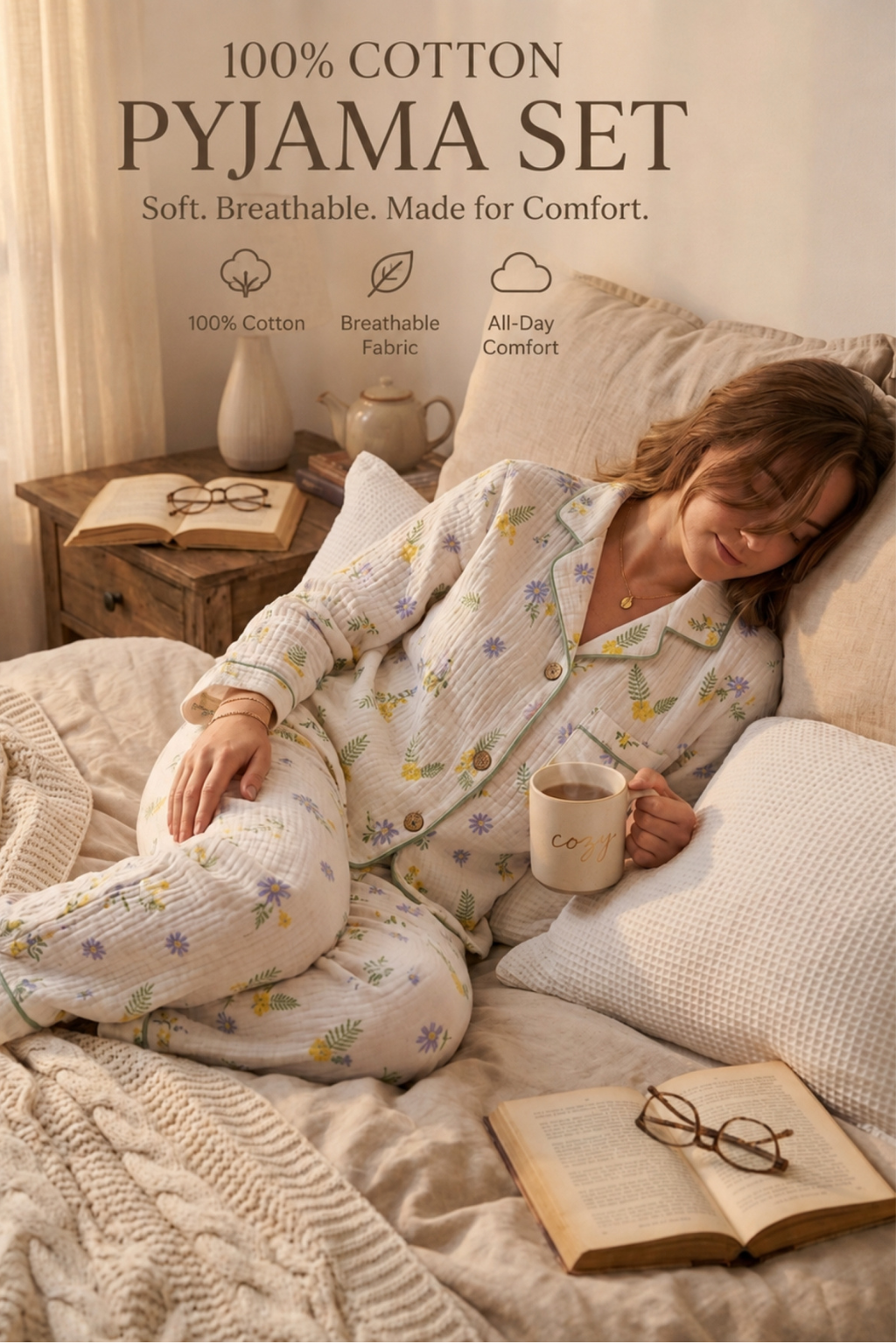 Women Night Suit Cotton Muslin Pyjama Set | Soft Printed Full Sleeve Sleepwear