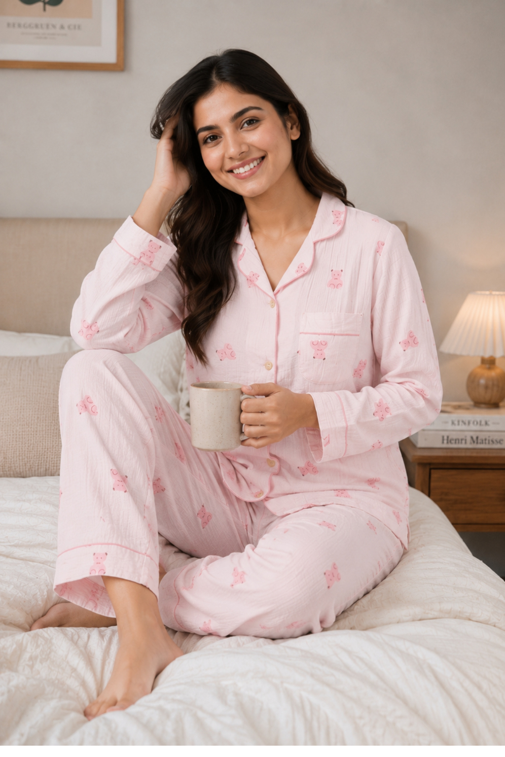 Women Night Suit Cotton Muslin Pyjama Set | Soft Printed Full Sleeve Sleepwear