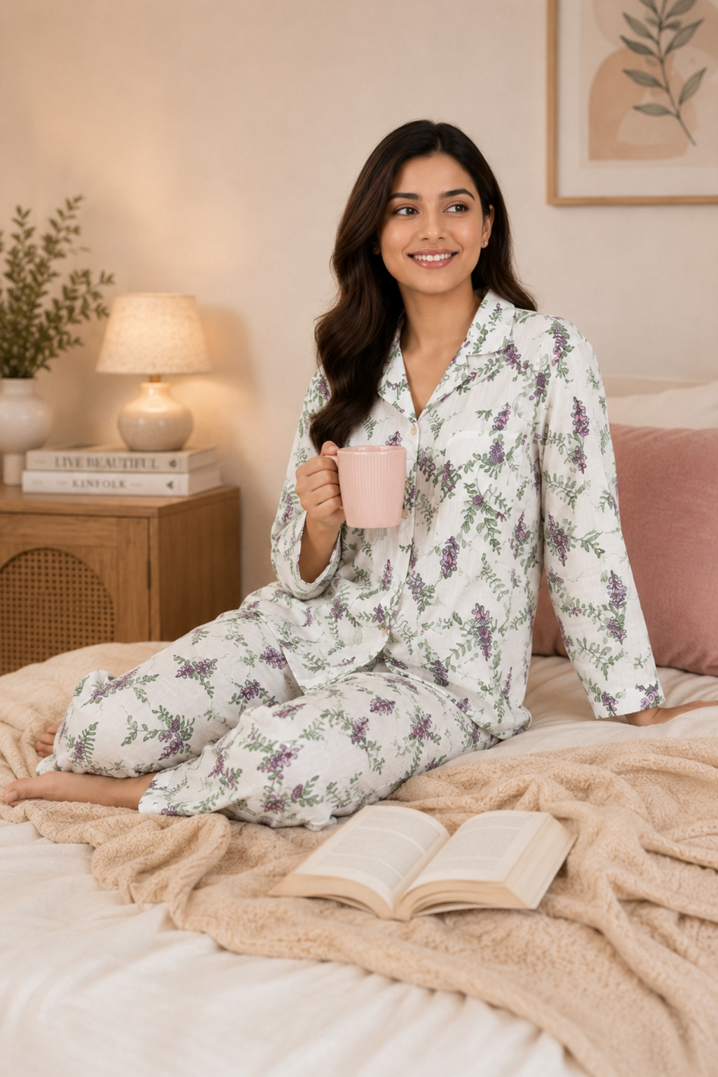 Women Night Suit Cotton Muslin Pyjama Set | Soft Printed Full Sleeve Sleepwear