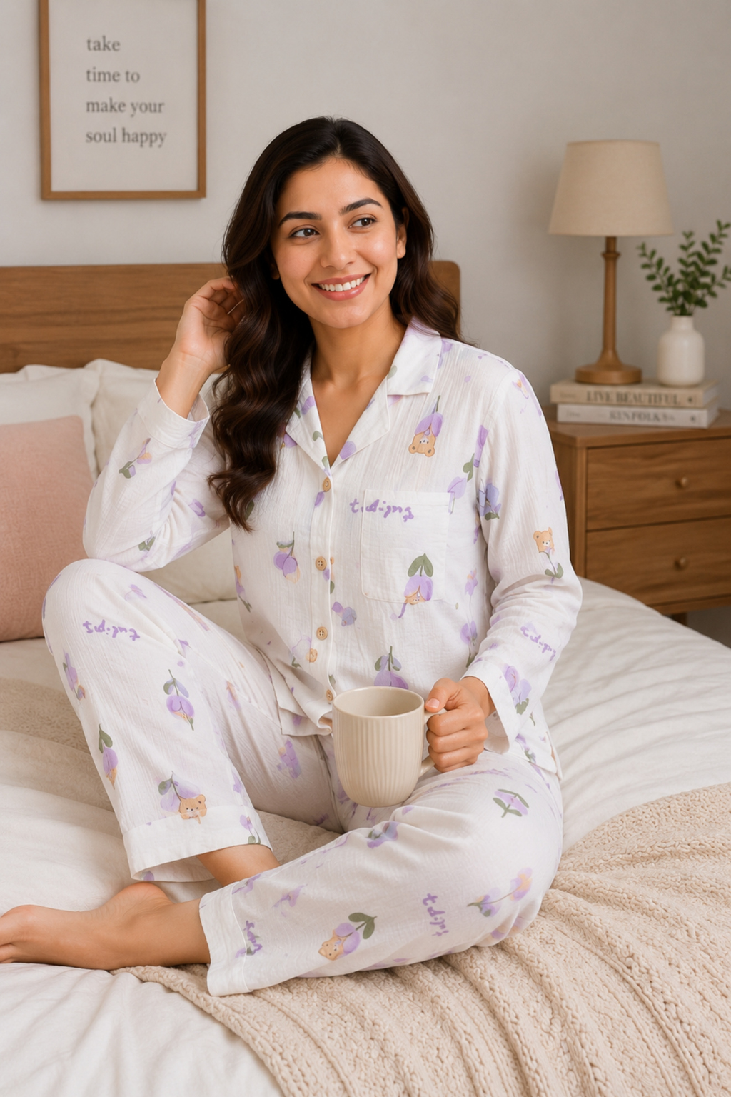 Women Night Suit Cotton Muslin Pyjama Set | Soft Printed Full Sleeve Sleepwear