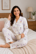 Women Night Suit Cotton Muslin Pyjama Set | Soft Printed Full Sleeve Sleepwear